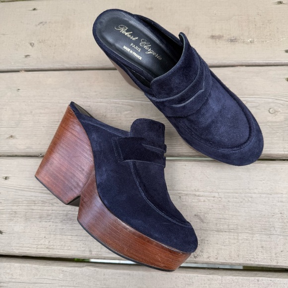 Robert Clergerie Damor Platform Wedge Mules Shoes in Navy Suede size 39.5 - Picture 1 of 12